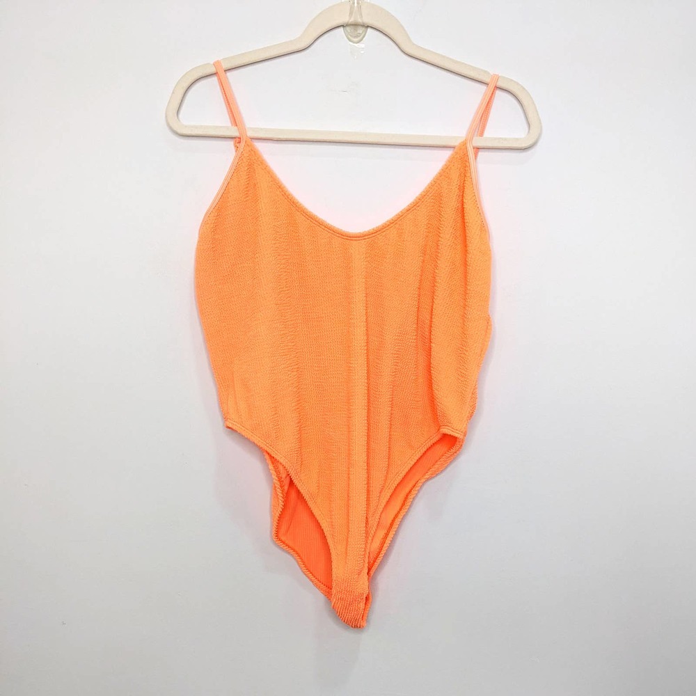 New Good American Swimsuit Womens 7/8 One Piece Orange Cream High Cut V Neck